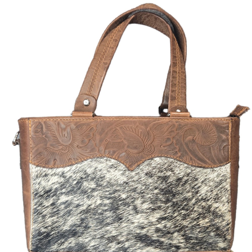 Western Leather Hair on Hide Floral Tooled Tote Bag Brown Black White Small Boho